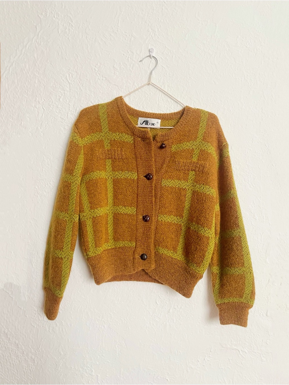Vintage Alba Rust Brown & Lime Grid Knit Cardigan